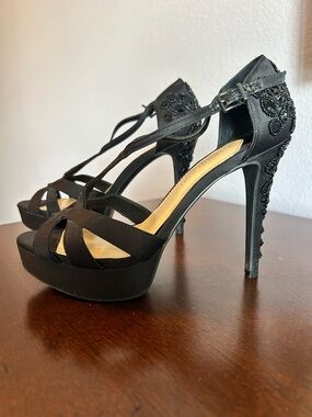 Gianni Bini Black Beaded Platform Strappy Heels